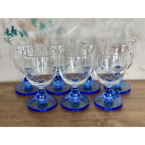 Dansk Hanna Blue Goblets - Set of 7 | Vintage Mid-Century Modern Glassware - Picture 1 of 5